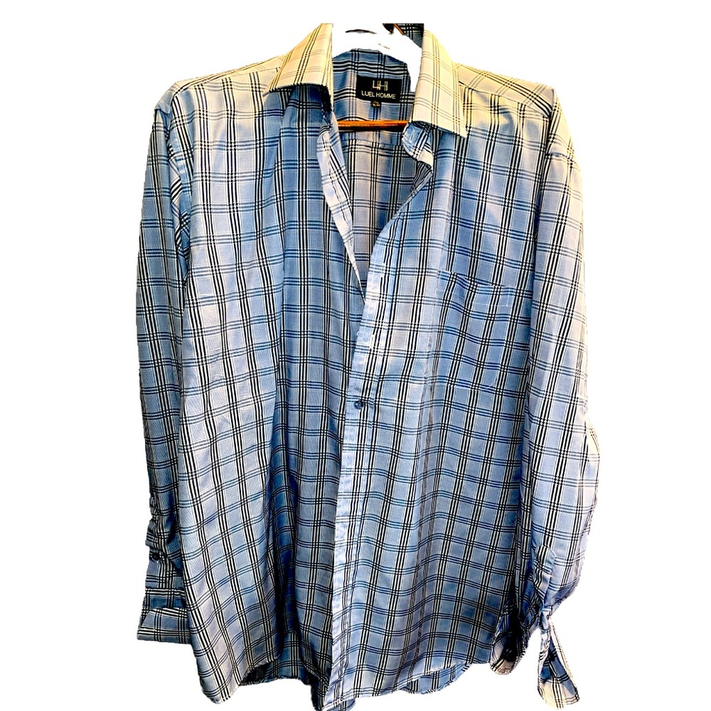 LUEL HOMME BLUE PLAID Dress Shirt 17 1/2, 36/37 Flip Cuff Cotton Polyester Men’s